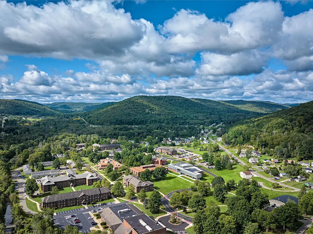 drone shot of campus